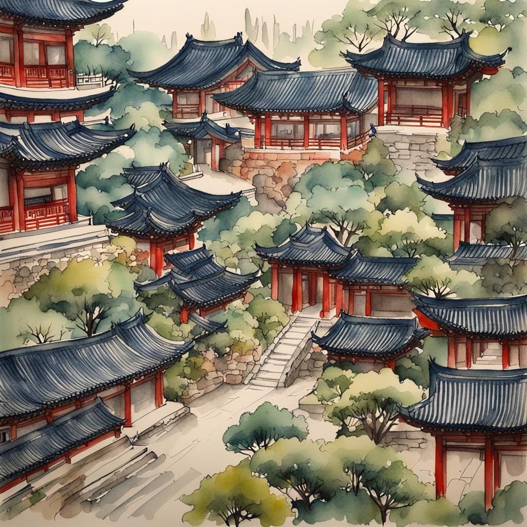 Oriental Garden Scene in Korean Folk Style