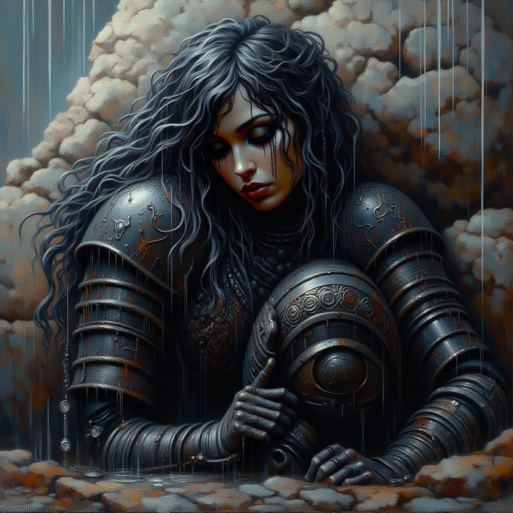 Mournful Warrior Takes Refuge in Ancient Boulders' Shadow