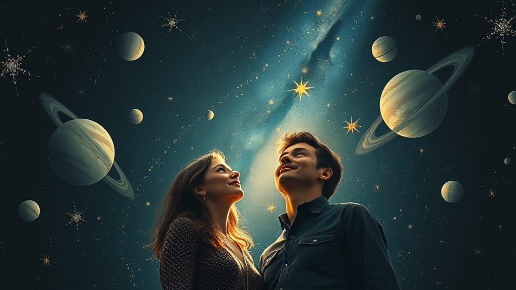 Couple Contemplating the Cosmos in Dreamlike Whimsy