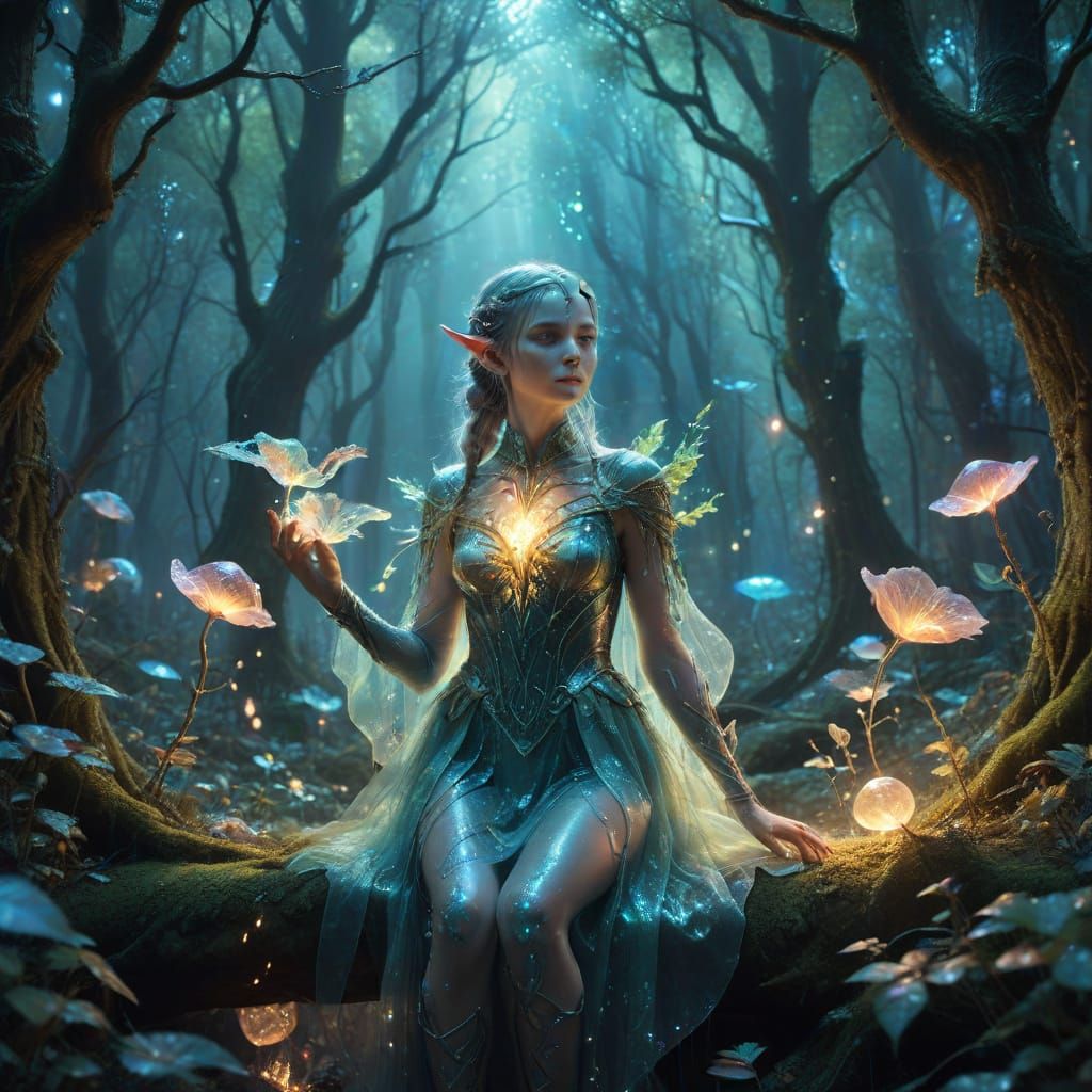 Cosmic Elf Tames Glowing Slime in Iridescent Woodland
