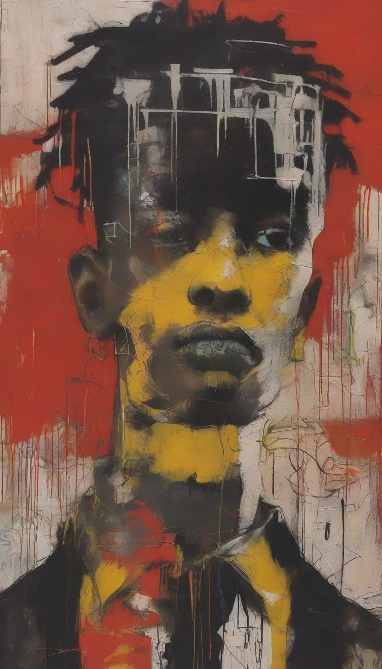 Urban Boy and Dog Portrait in Neo-Primitivist Style