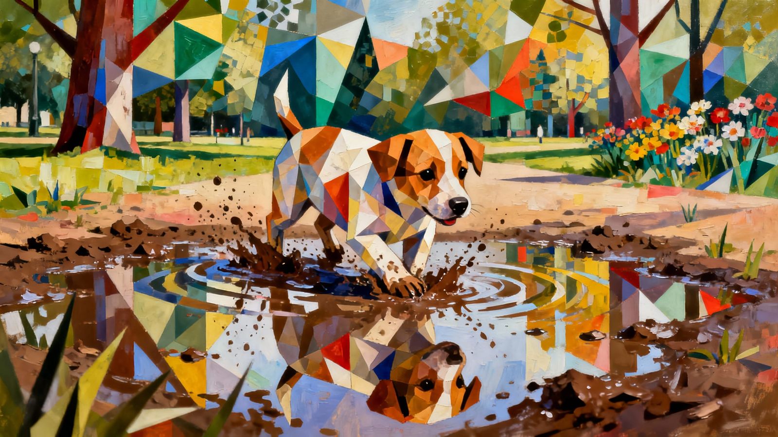 Geometric Puppy in Muddy Puddle, Pointillist Cubism