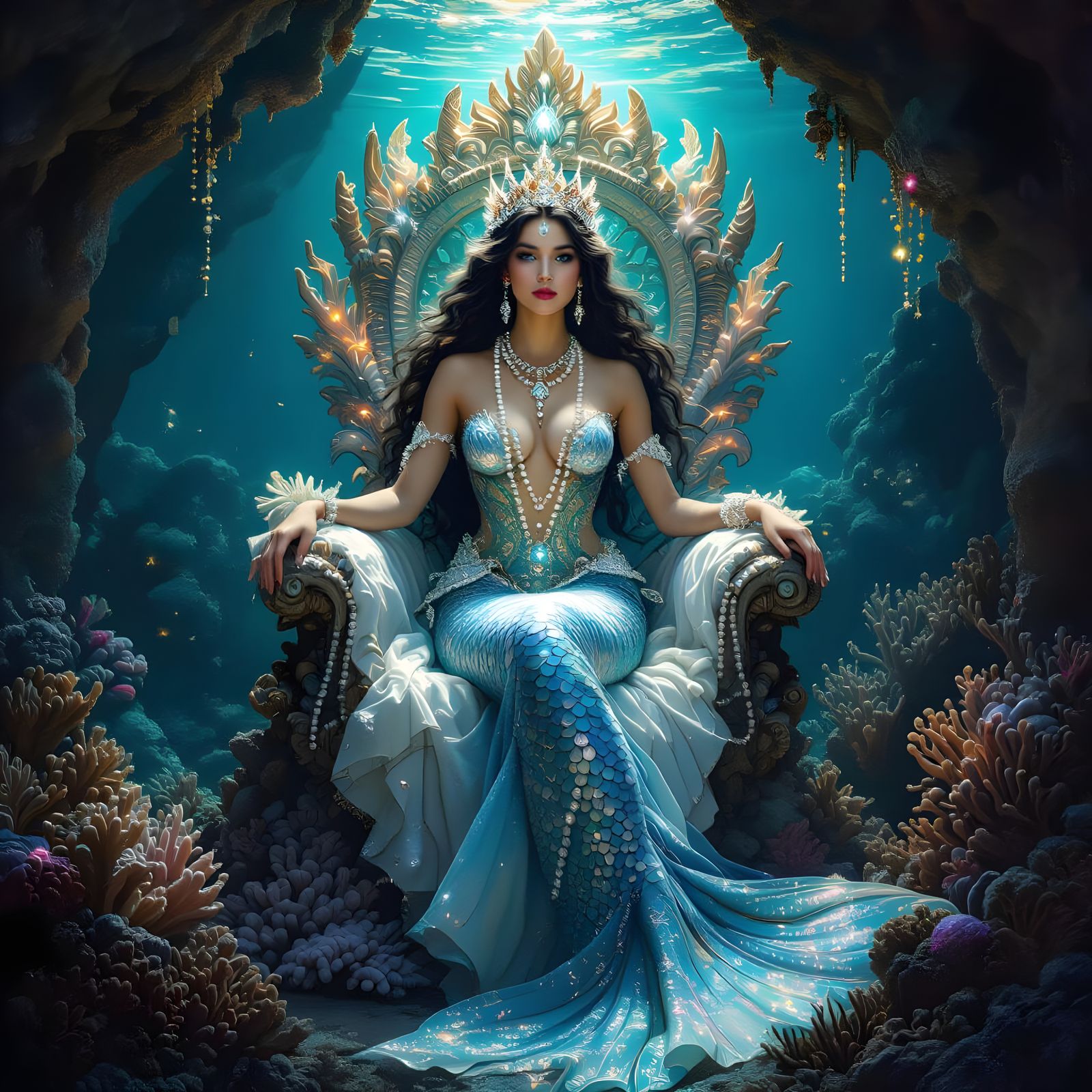 Majestic Mermaid Queen on Coral Throne in Grotto