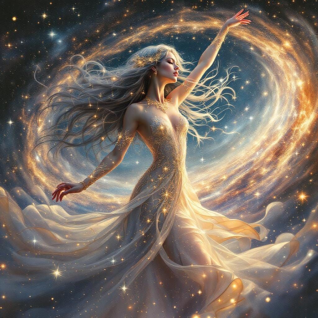 Celestial Woman Dancing in Stardust: An Art Nouveau Vision