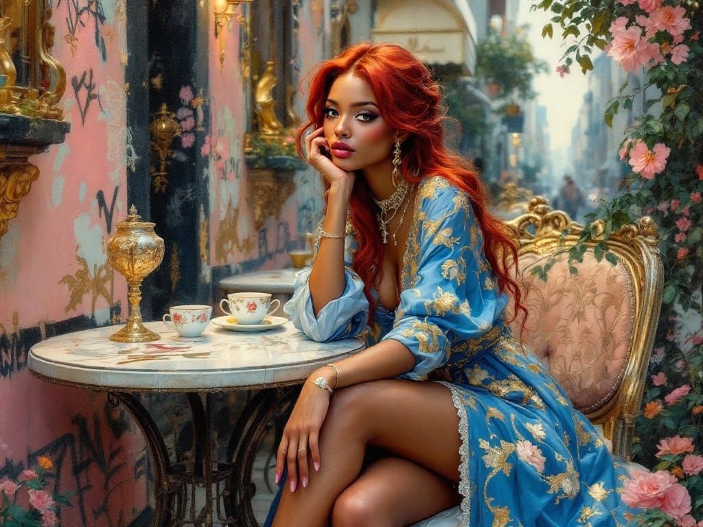 Regal Figure in Luminous Café Scene