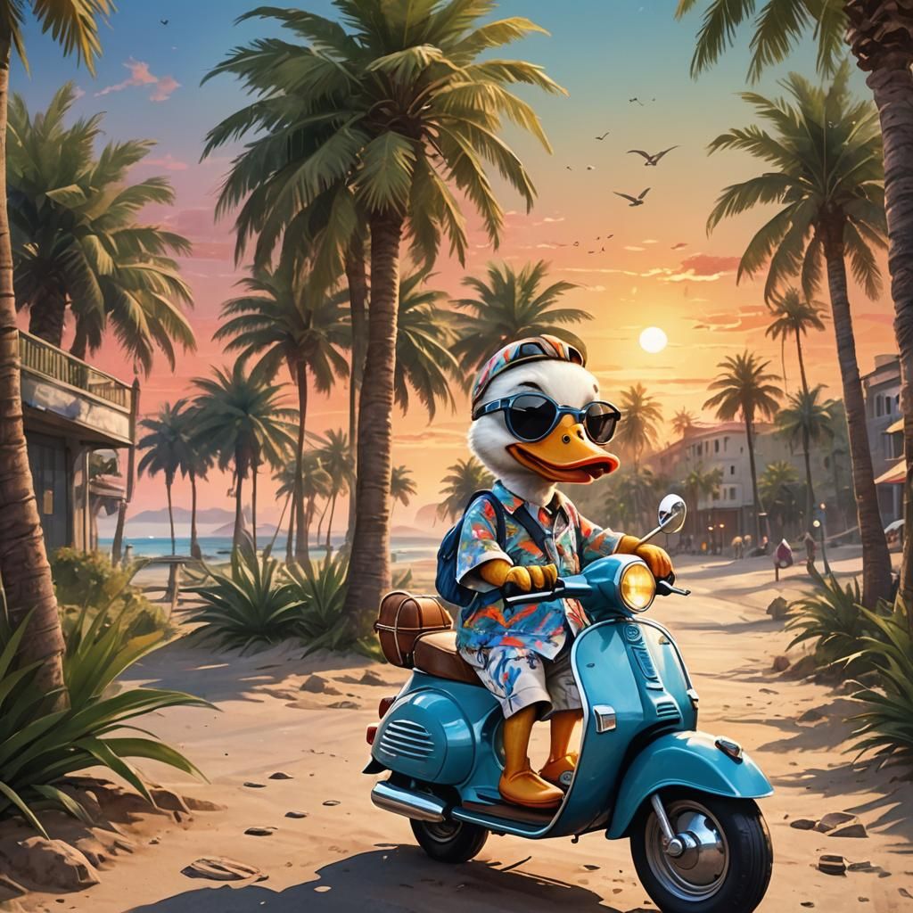 Duck Rides Vespa on Beach in Watercolor Style