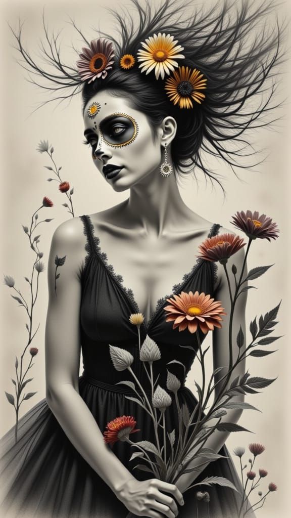 Día de los Muertos Woman With Vibrant Face Paint and Marigol...