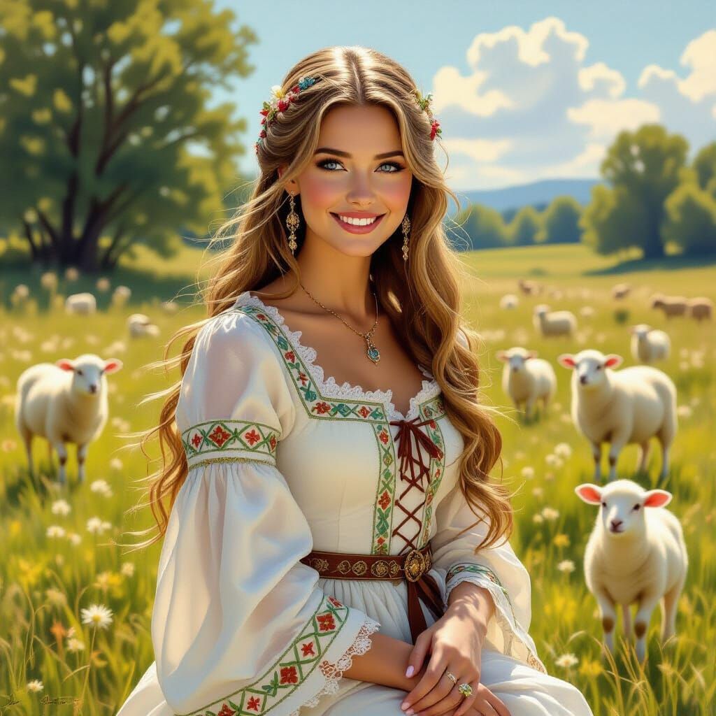 Medieval Noblewoman in Sun-Drenched Meadow