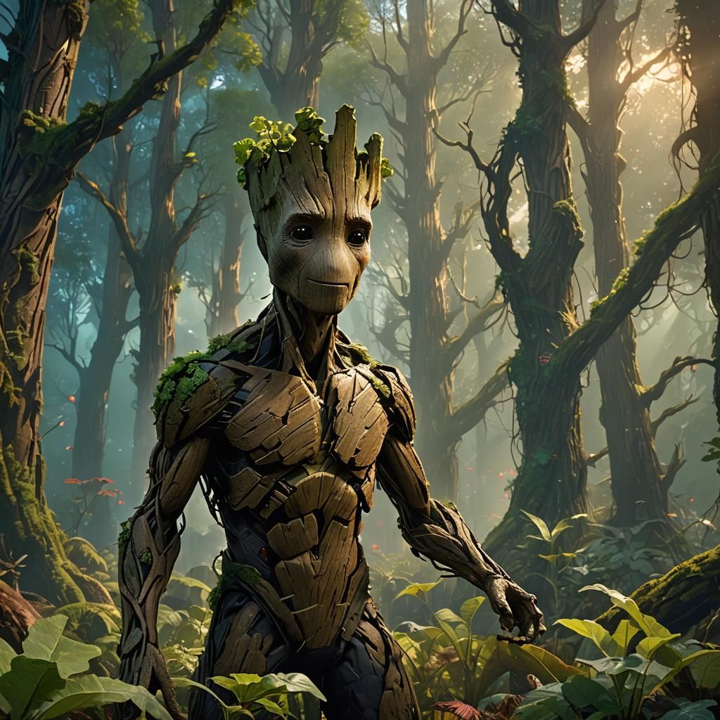 Groot in Bioluminescent Forest, Guardians of the Galaxy Styl...