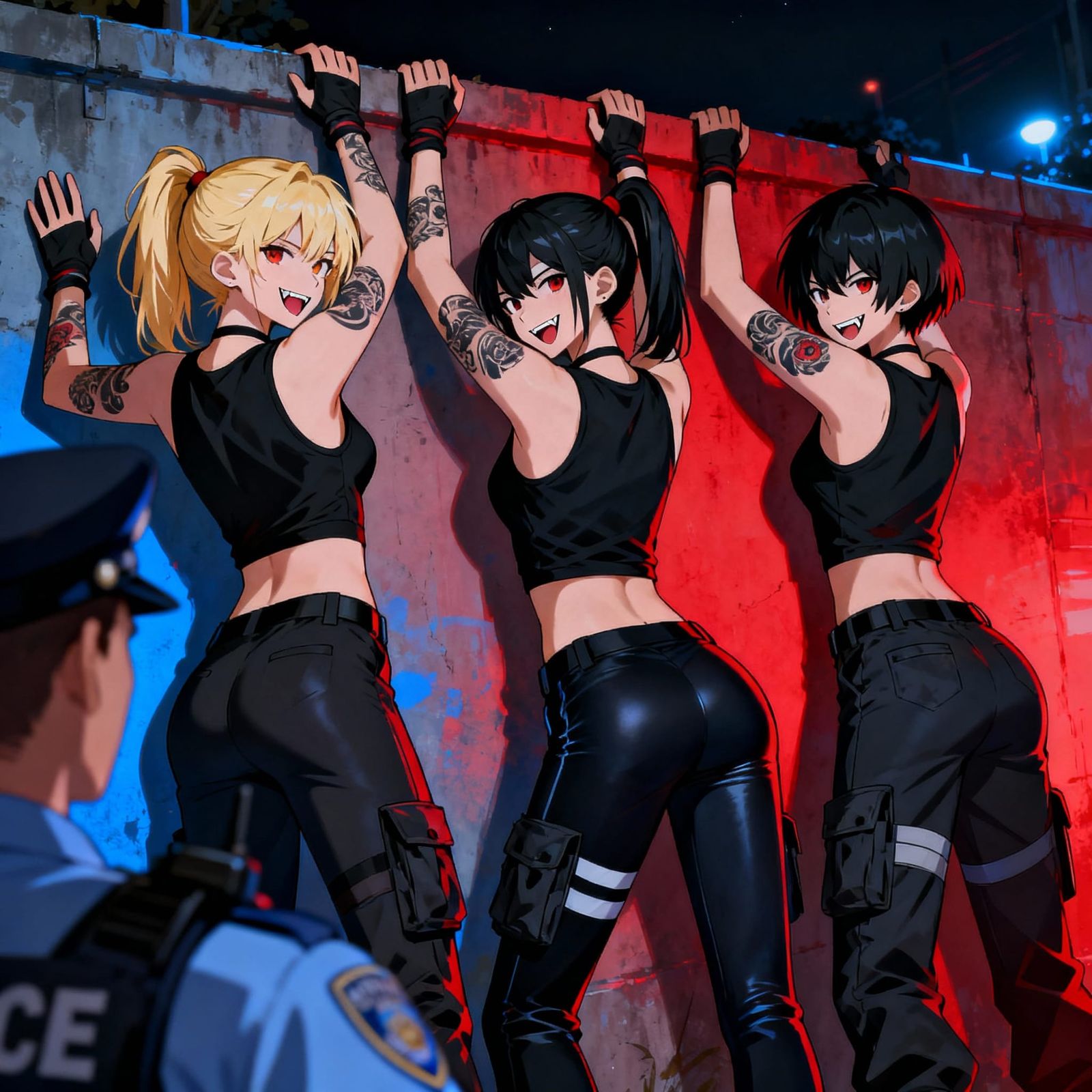 Anime Ninja Waifus Surrender in Red and Blue Light