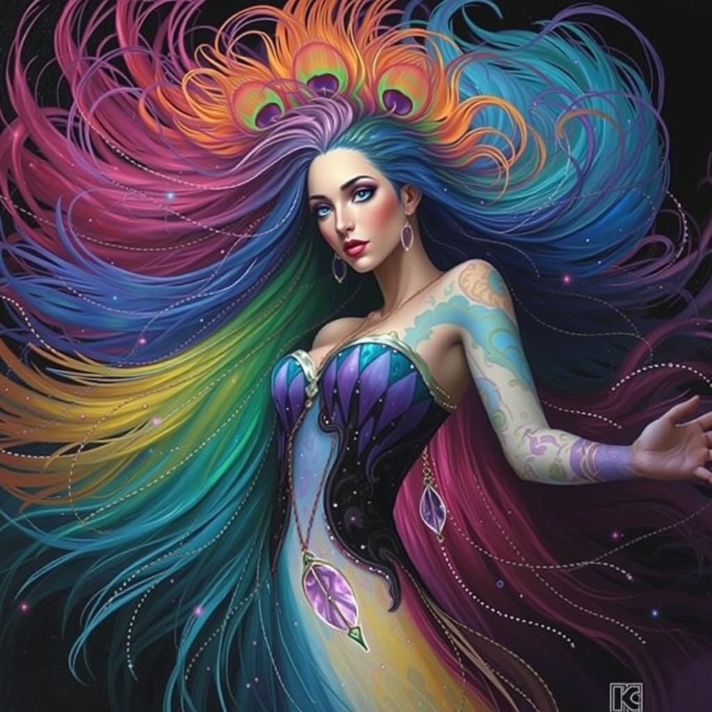 Rainbow Woman with Peacock Hair, in Cosmic Style