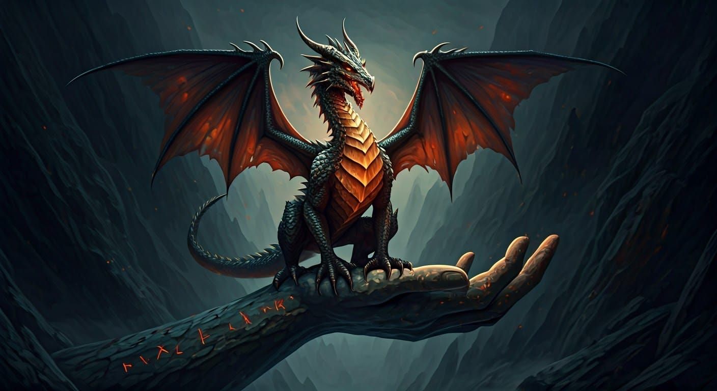 Majestic Dragon on Stone Hand in Digital Fantasy Art