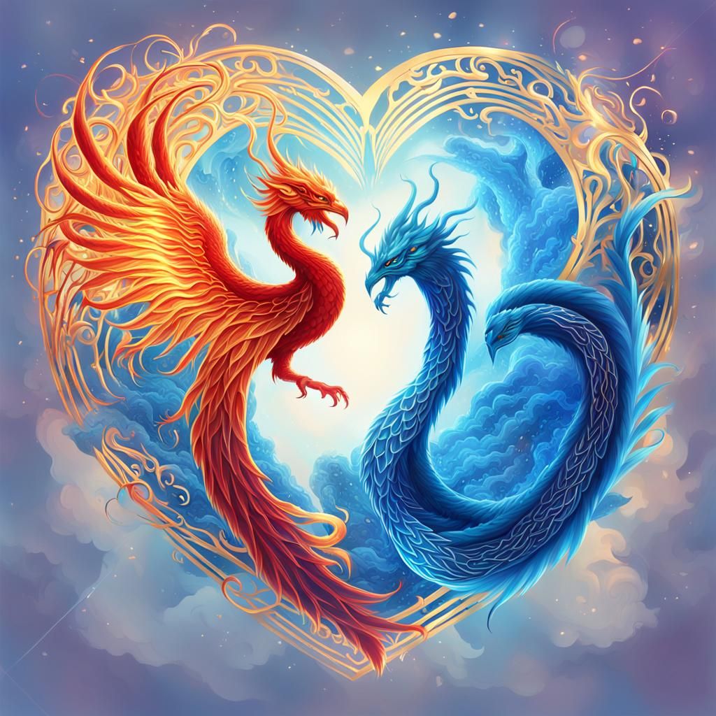 Fiery Phoenix and Icy Dragon Heart: Digital Art
