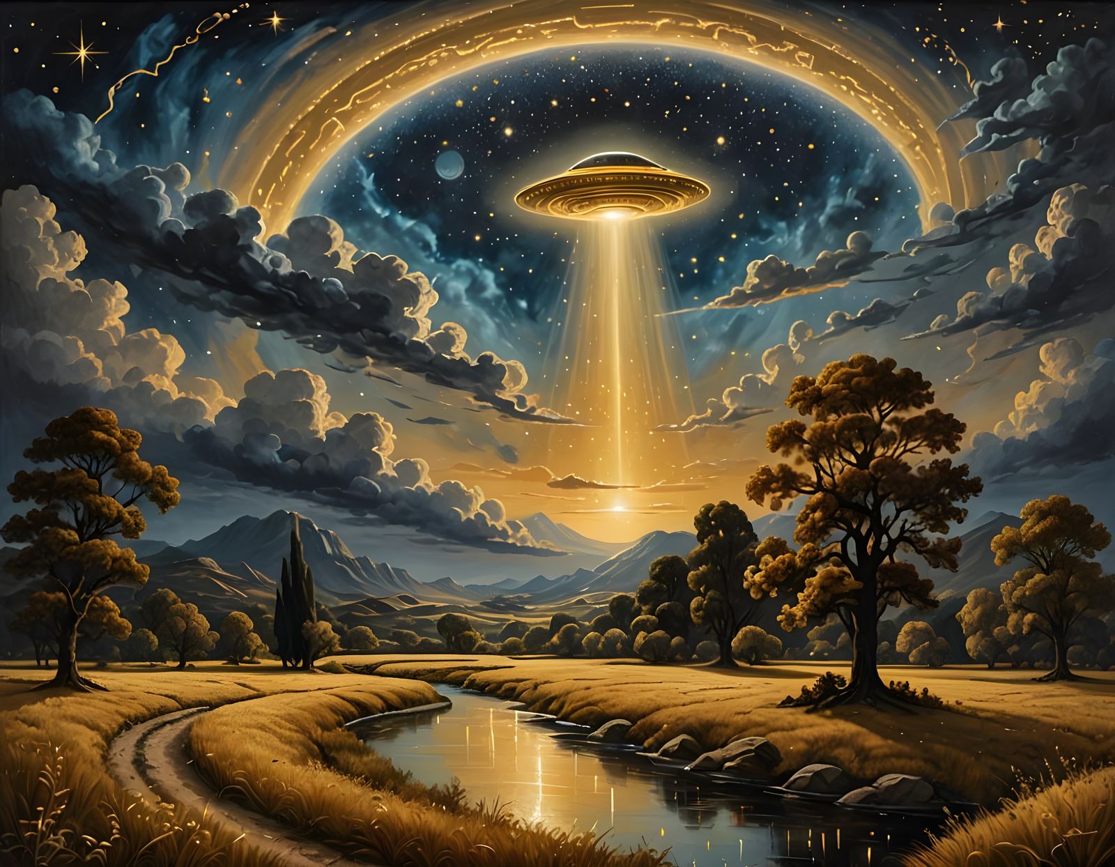 Cosmic Neoclassical Masterpiece with Serene UFO in Golden Sk...