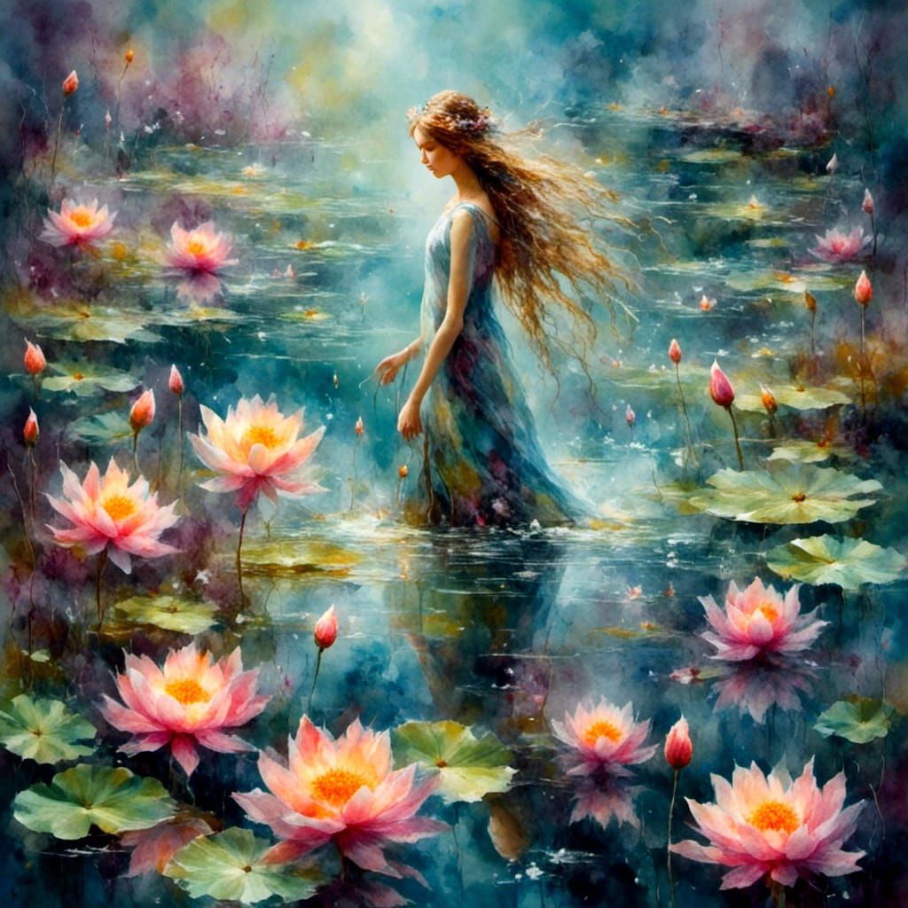 Surreal Figure Amid Lotus Flowers in Dreamscape