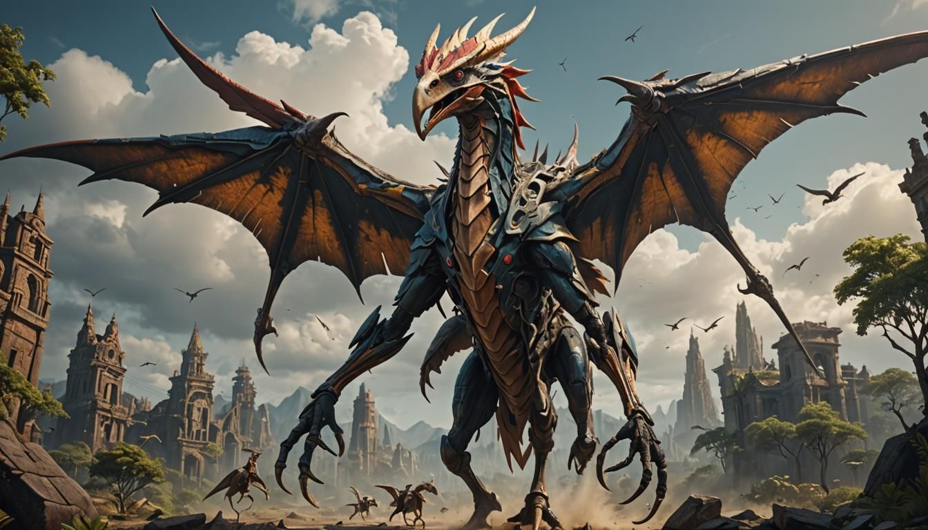 Horse-Headed Humanoid Pterosaurus: Detailed Fantasy Art