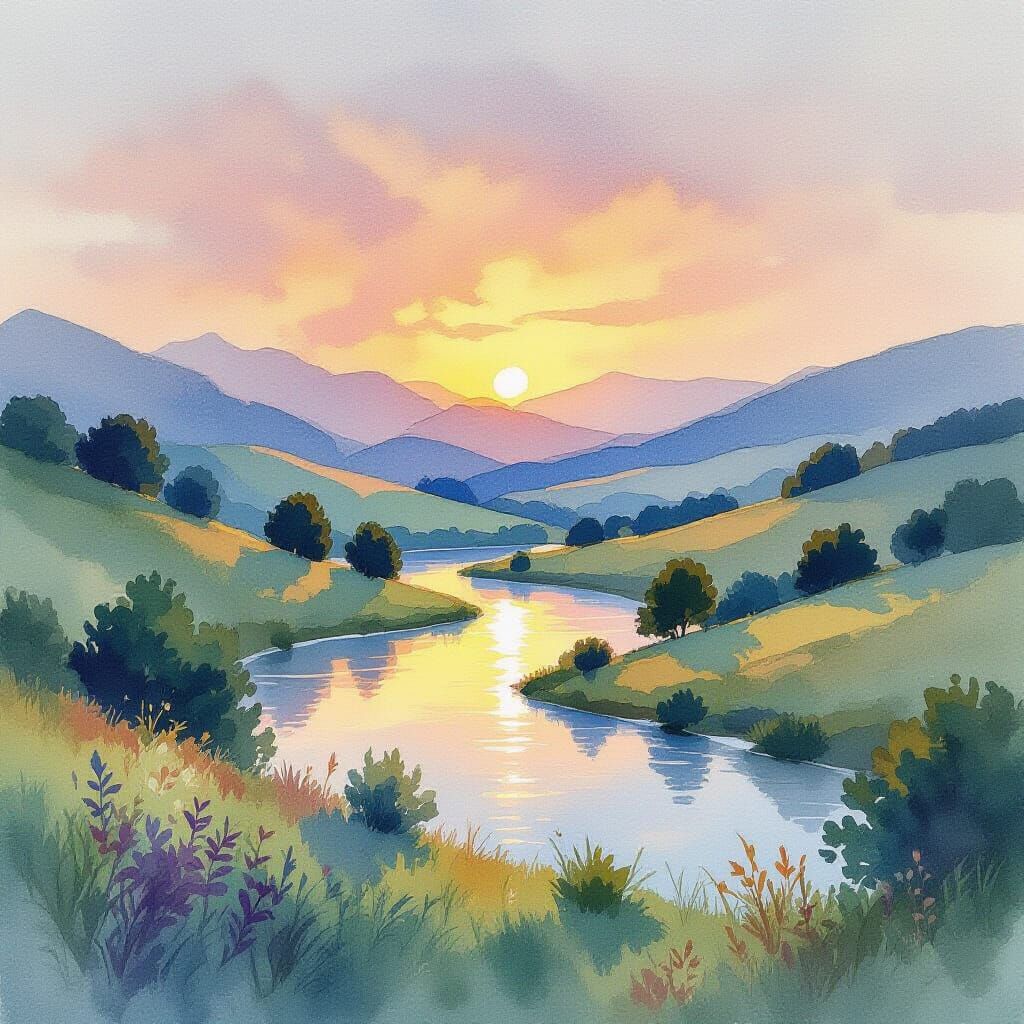 Watercolor Landscape with Sunset Sky and Rolling Hills