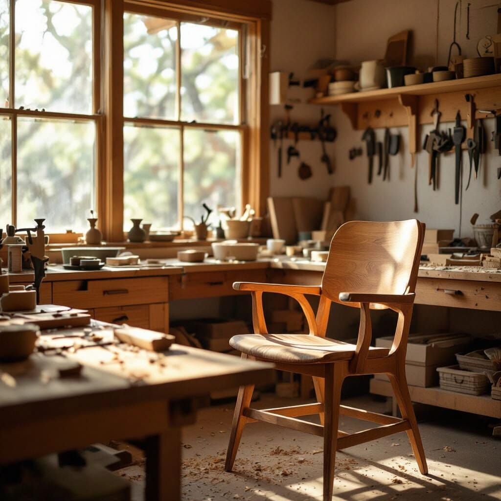 Sun-Drenched Woodworking Studio with Tools and Chair