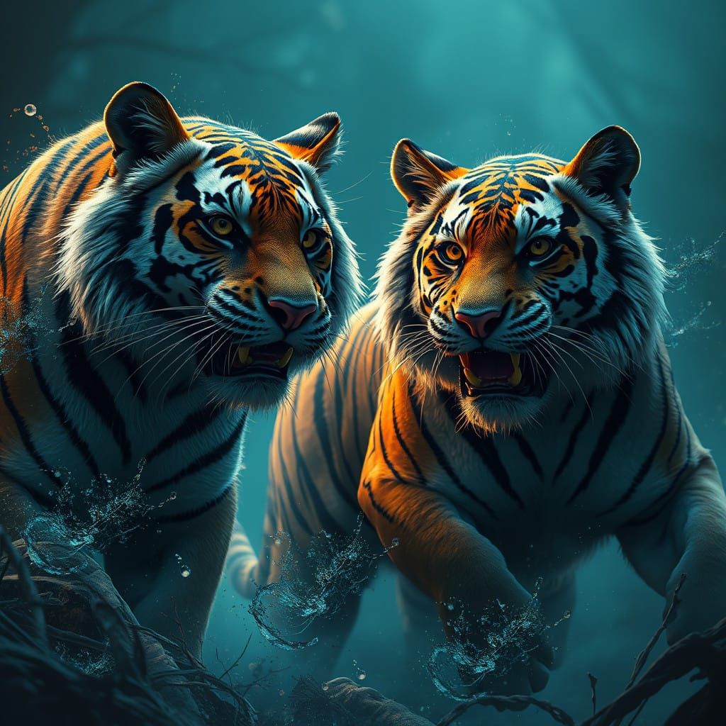 Fantastical Tigers in Vibrant, Detailed Landscape