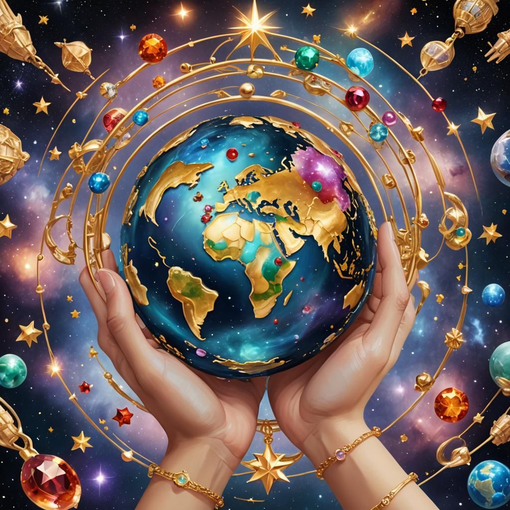 Hands Hold Jeweled Planet Earth in Galaxy