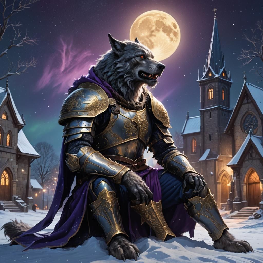 Lycanthrope Under Aurora in Detailed Matte Painting