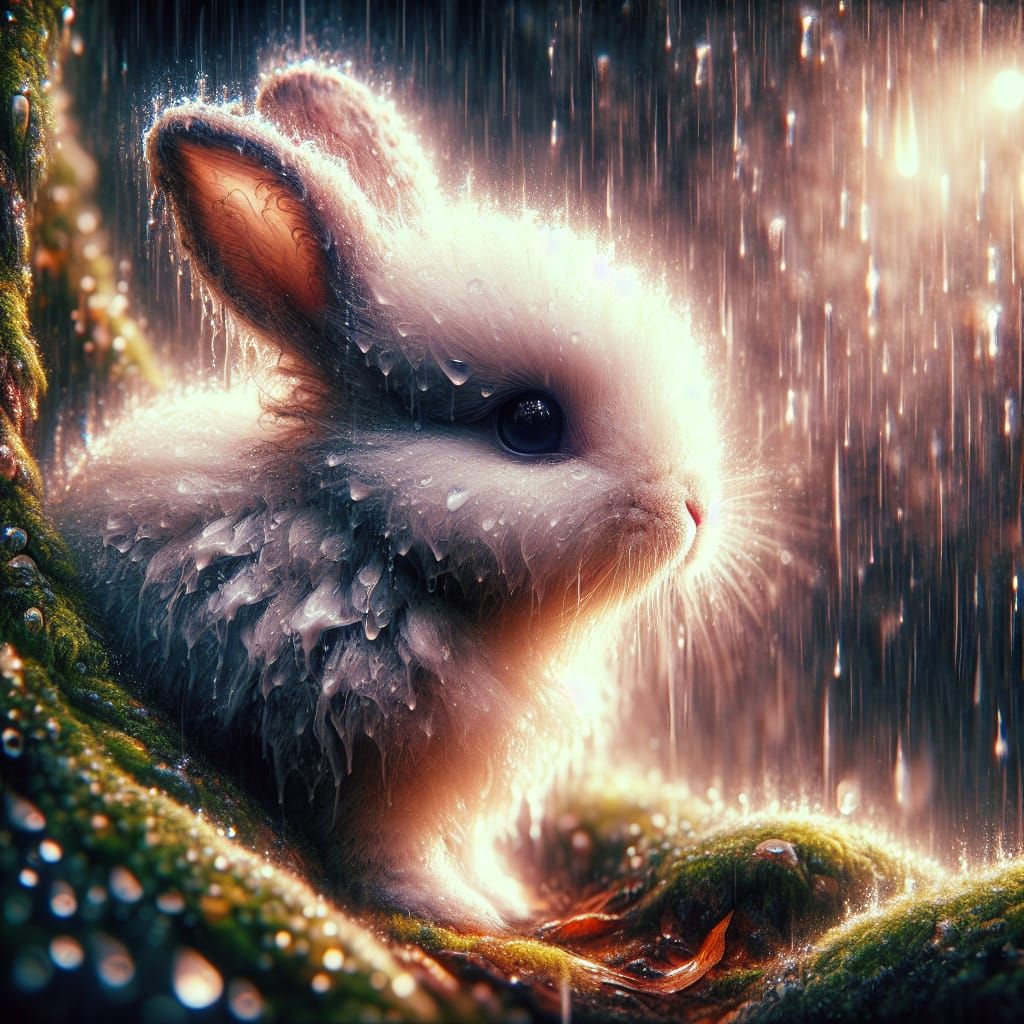 Cute Bunny Rabbit in Gentle Rain: Digital Matte Painting