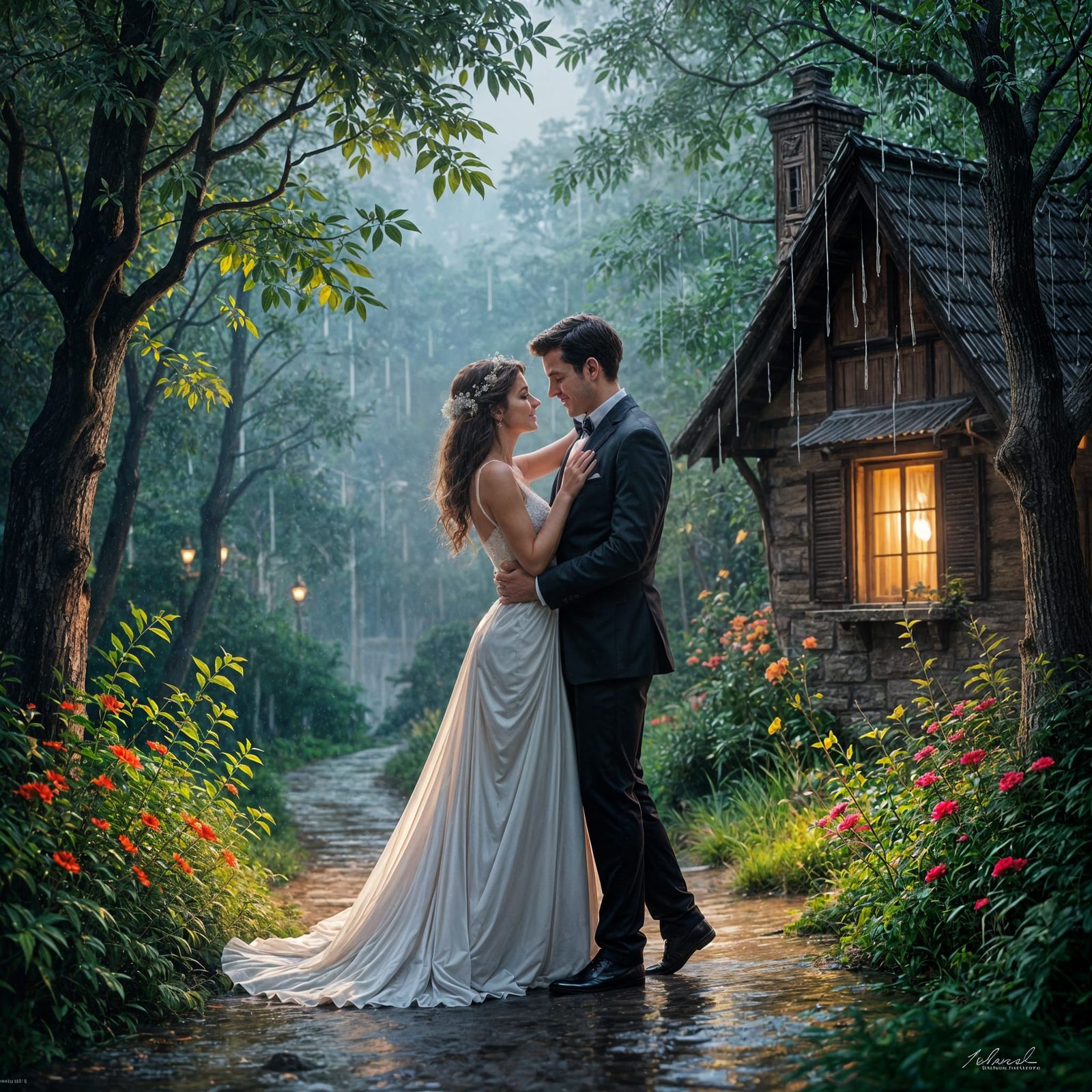 Elegant Couple Dancing in Gentle Rain Near Forest Home