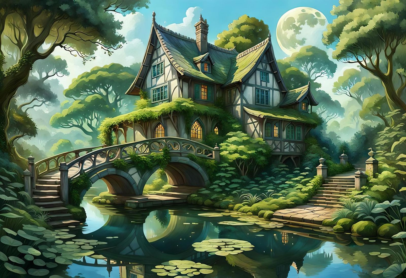 Fantasy Cottage on Overgrown Forest Bridge