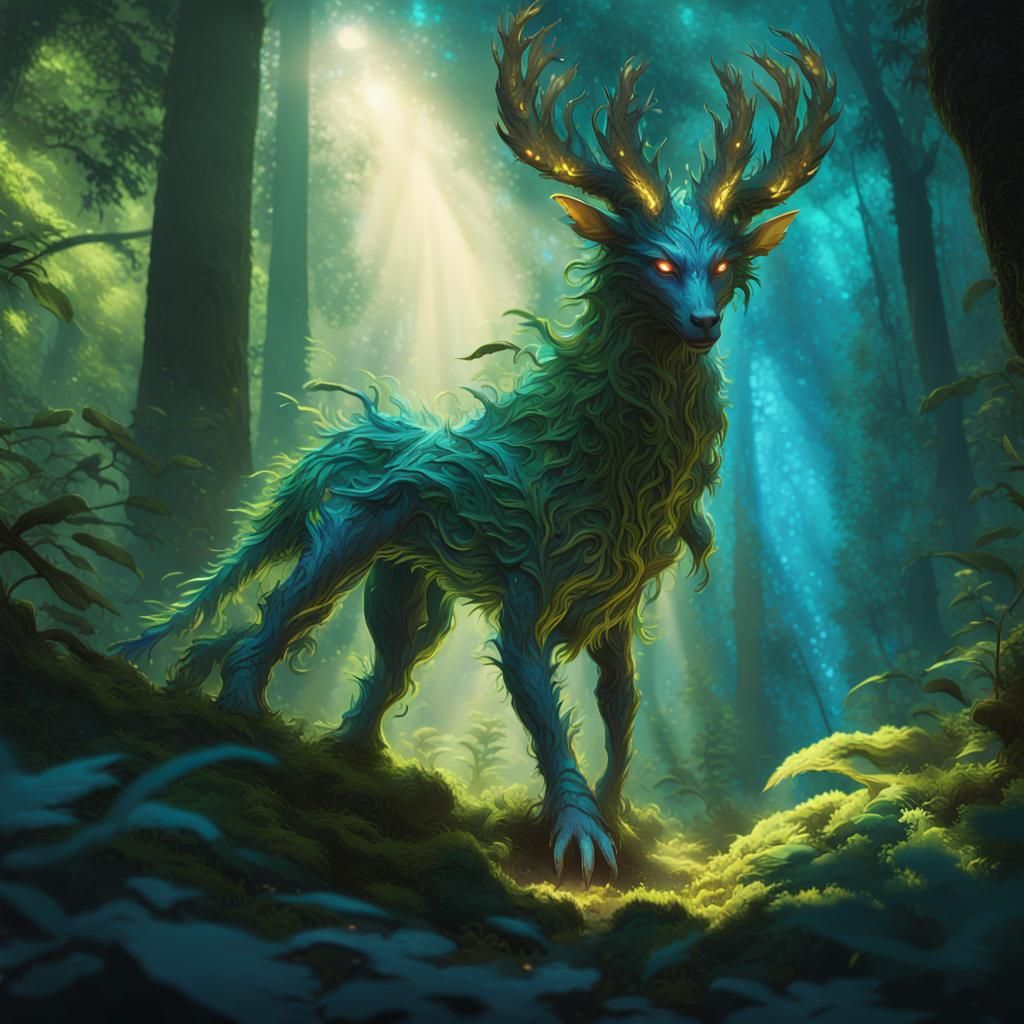 Mythical Creature Thriving in Lush Forest: Art Deco