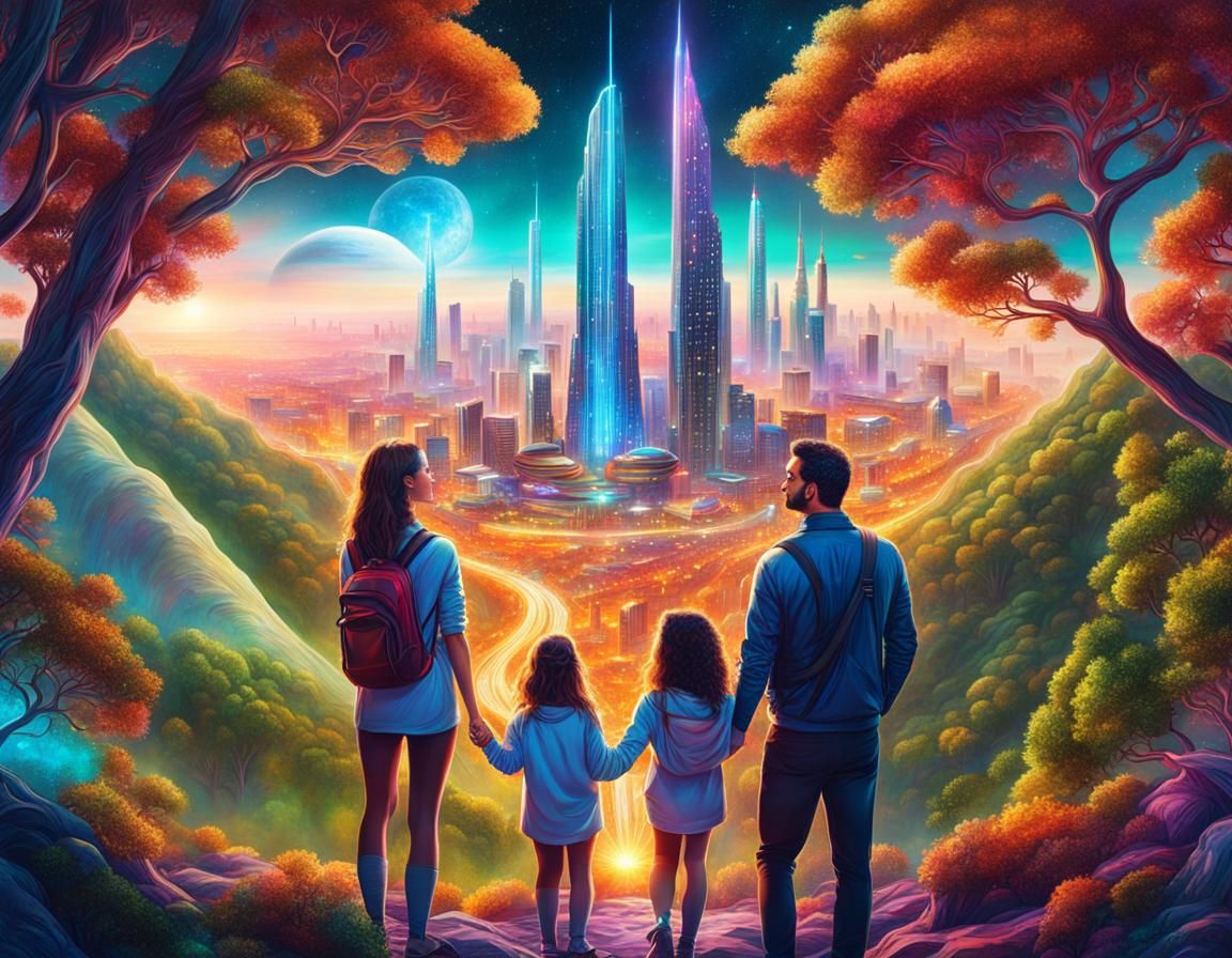 Utopian worlds: a city of the future surrounded by nature