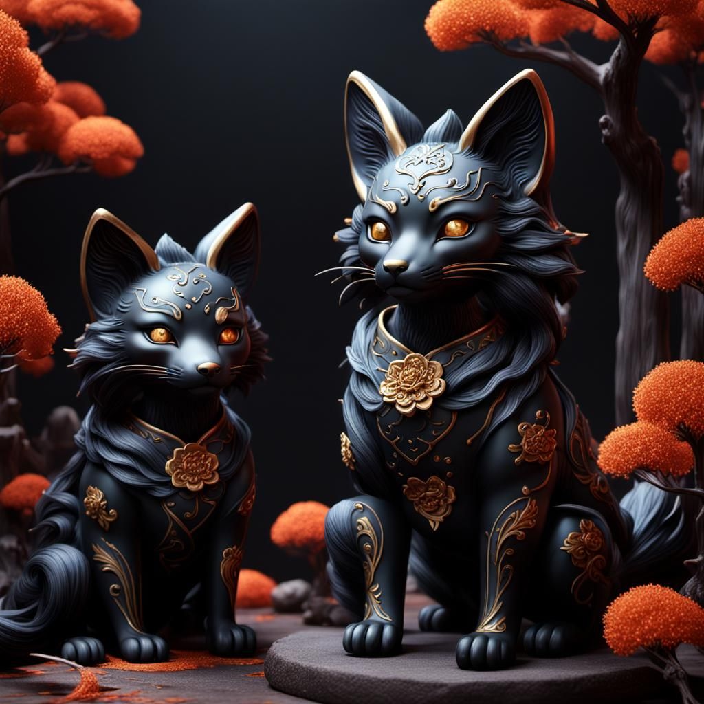 Detailed Black Porcelain Kitsune Doll in Matte Painting Styl...
