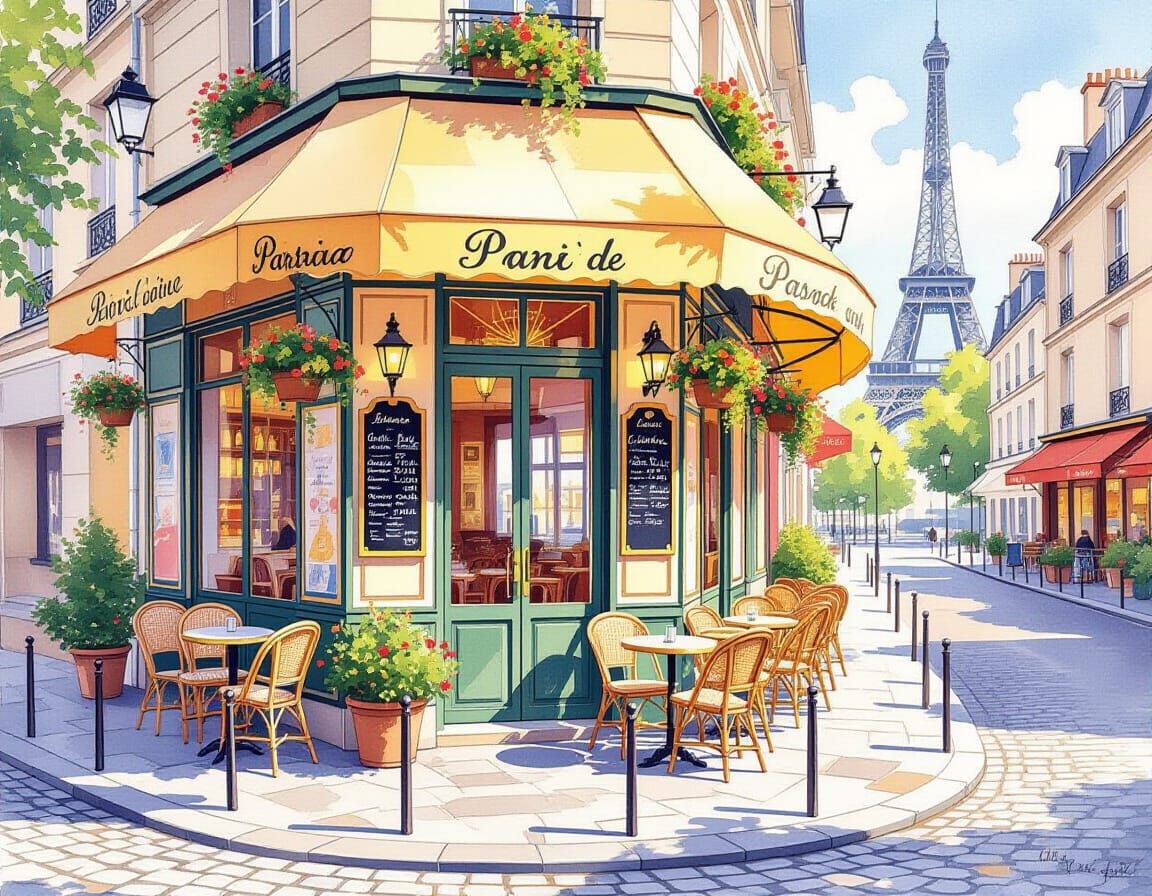 Charming Parisian Cafe Corner in Watercolor