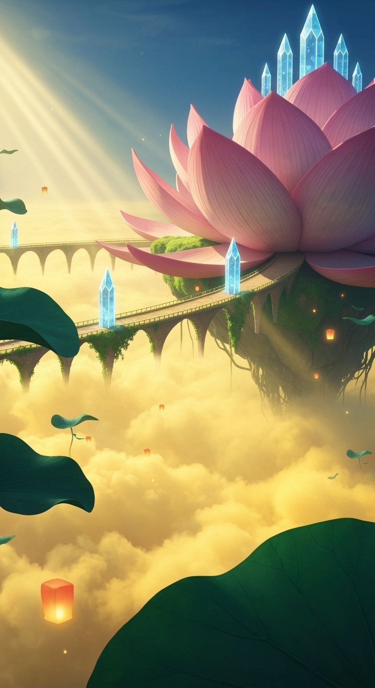 Giant Lotus Flower Above Cloud Sea with Crystal Towers