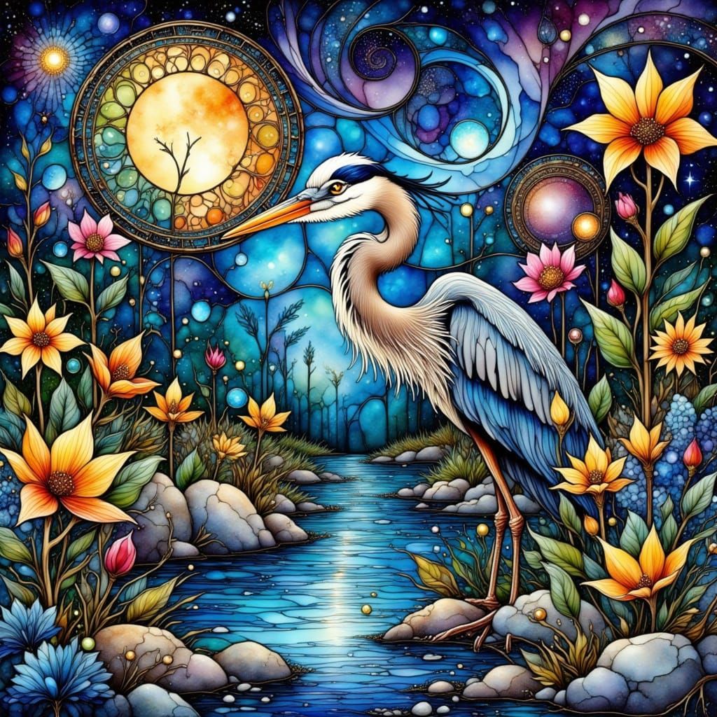 Wetland Scene with Great Blue Heron in Stained Glass Style