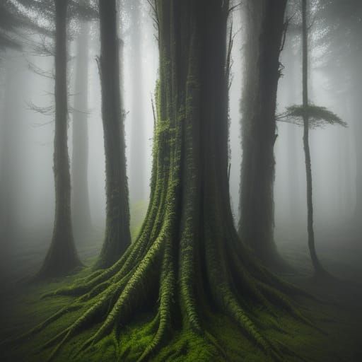 Ancient Tree in Misty Forest: Vibrant Oil Painting