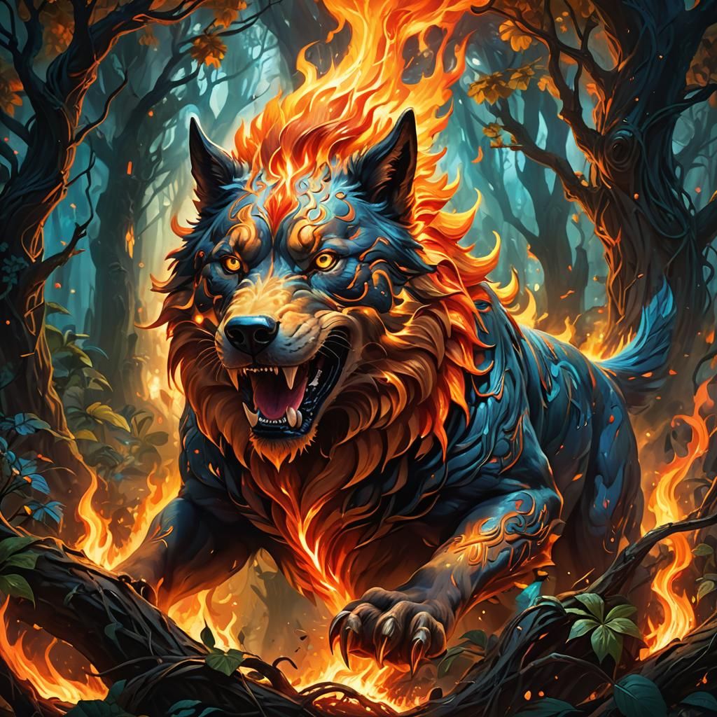 Flaming Canine Entity in Surreal Jungle Dreamscape