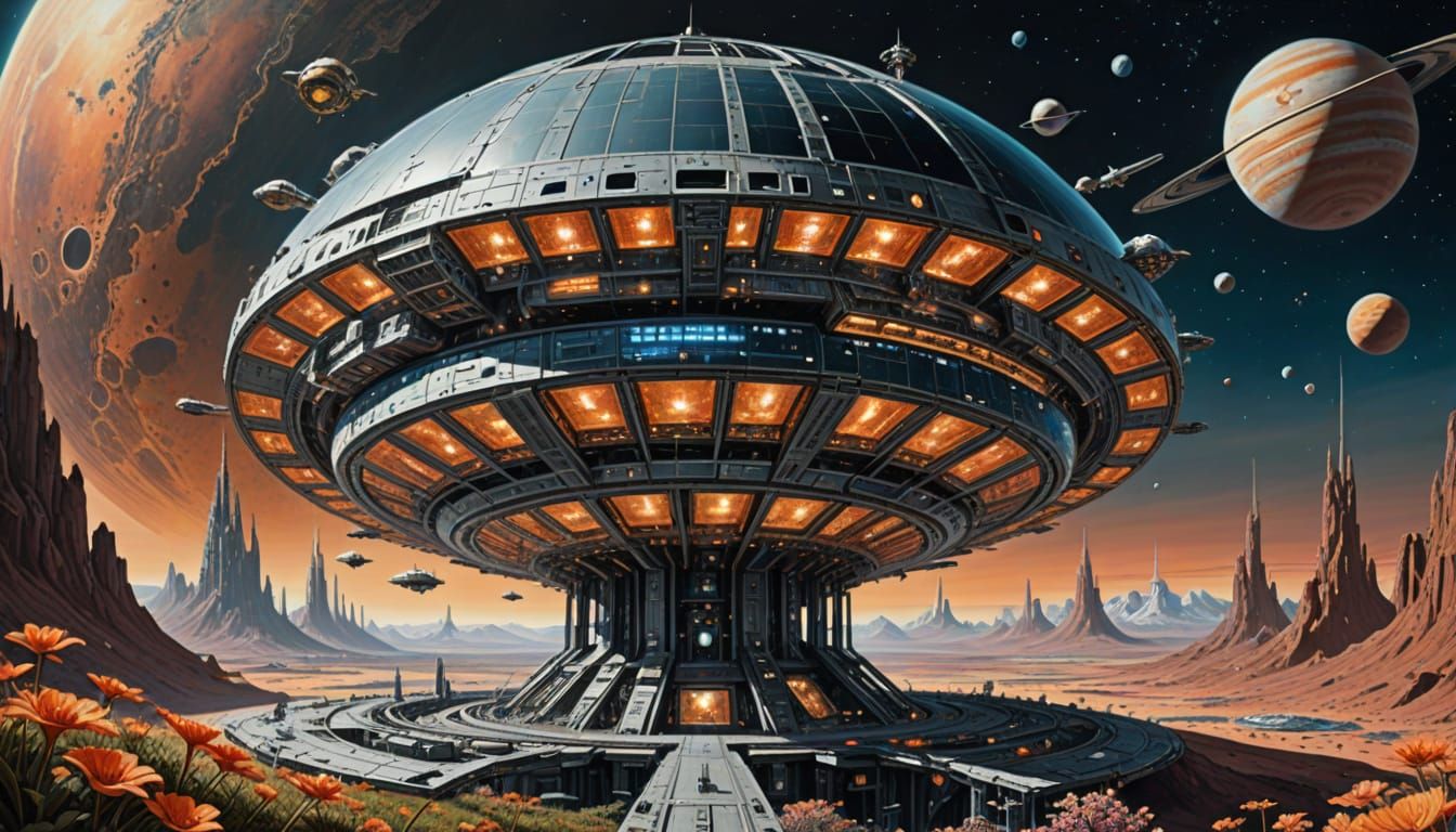 Metallic Hydnora Space Station Orbiting Earth