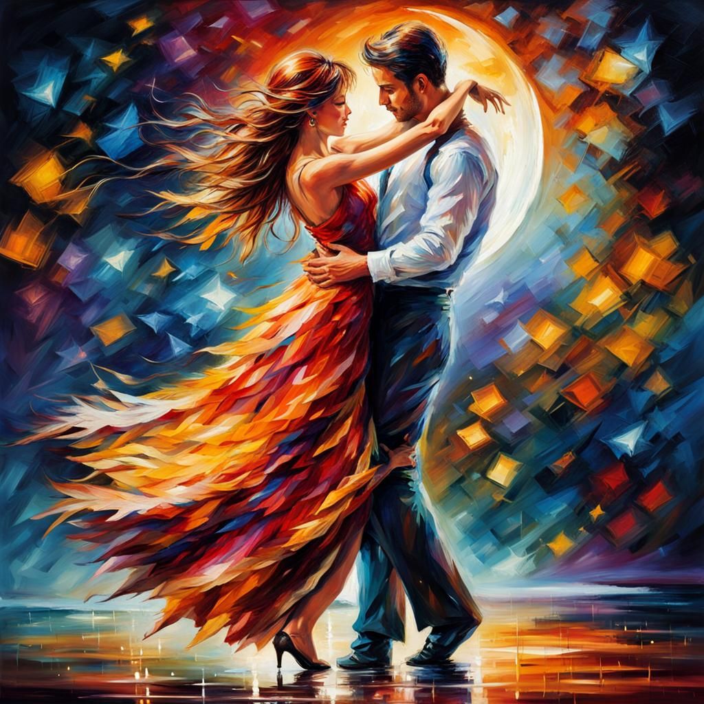 Romantic Couple Dancing on the Moon: Neo-Impressionist Art