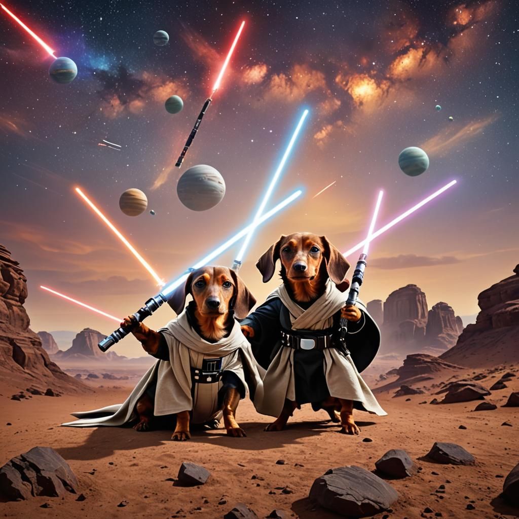 Dachshund Jedi Knights Battle on Alien Planet