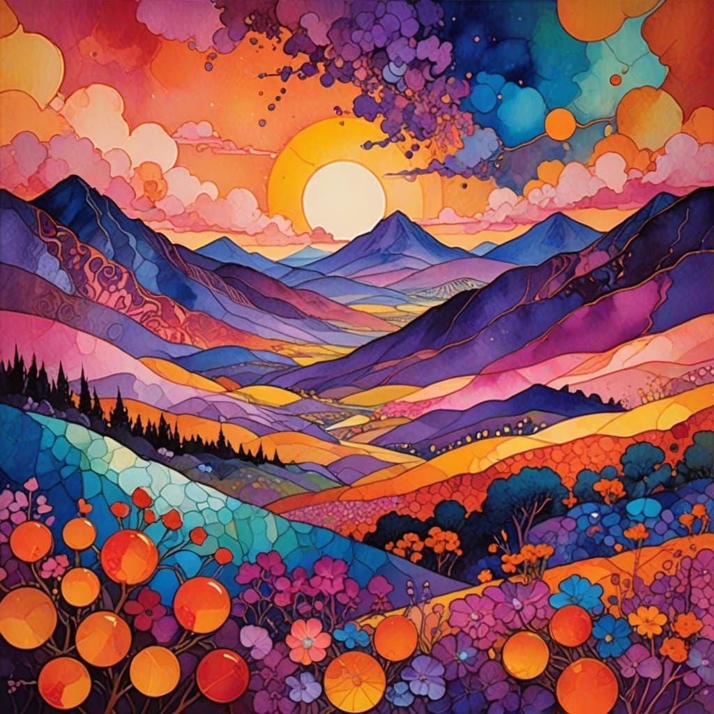 Surreal Sunset Landscape in Vibrant Alcohol Ink Style