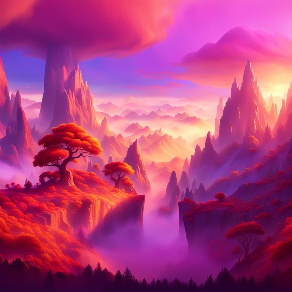 Majestic Fantasy Landscape with Vibrant Trees