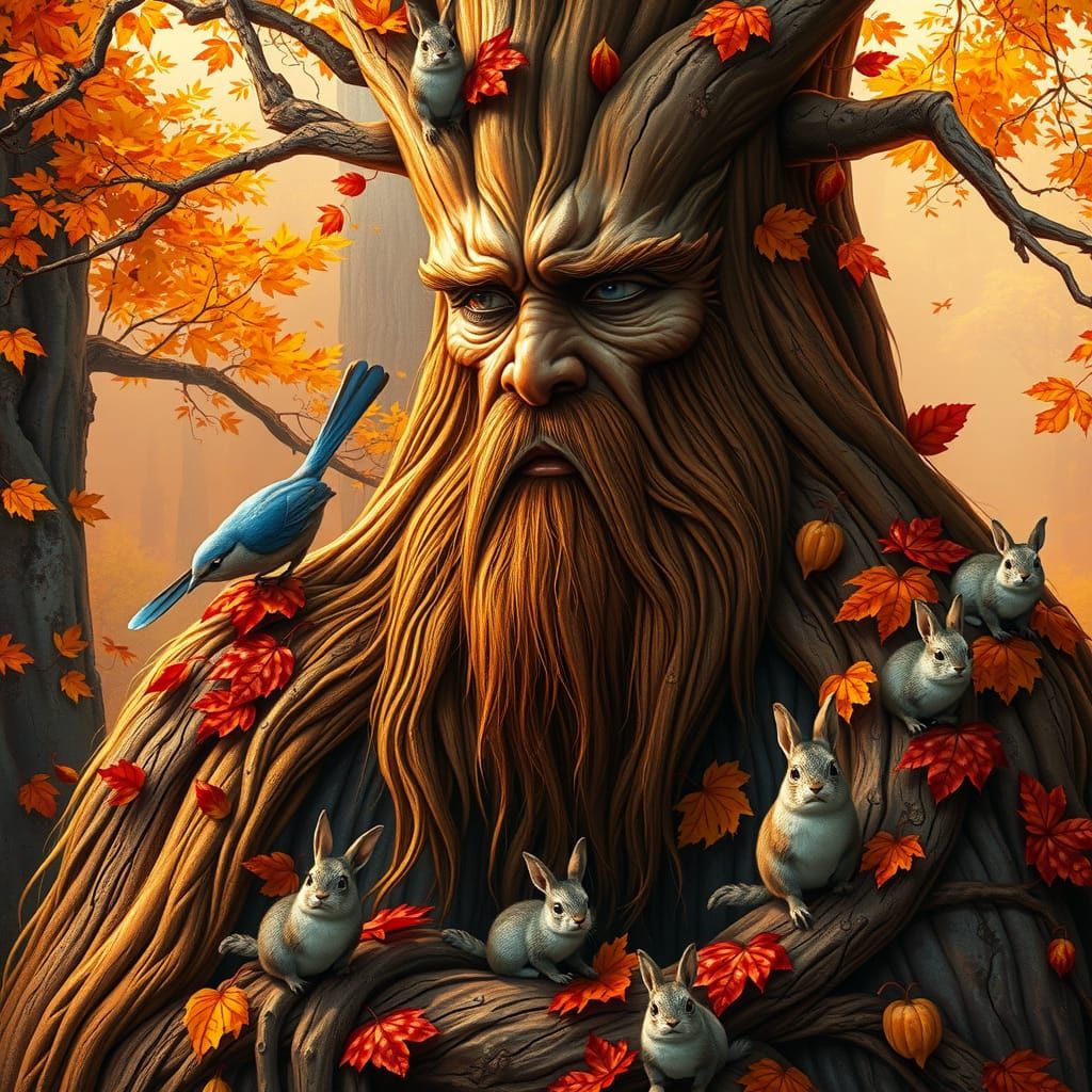 Autumnal Treebeard Portrait in Hyper-Realistic Style