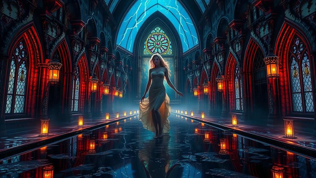 Mystical Venus in Gothic Cathedral, Surrealist Painting