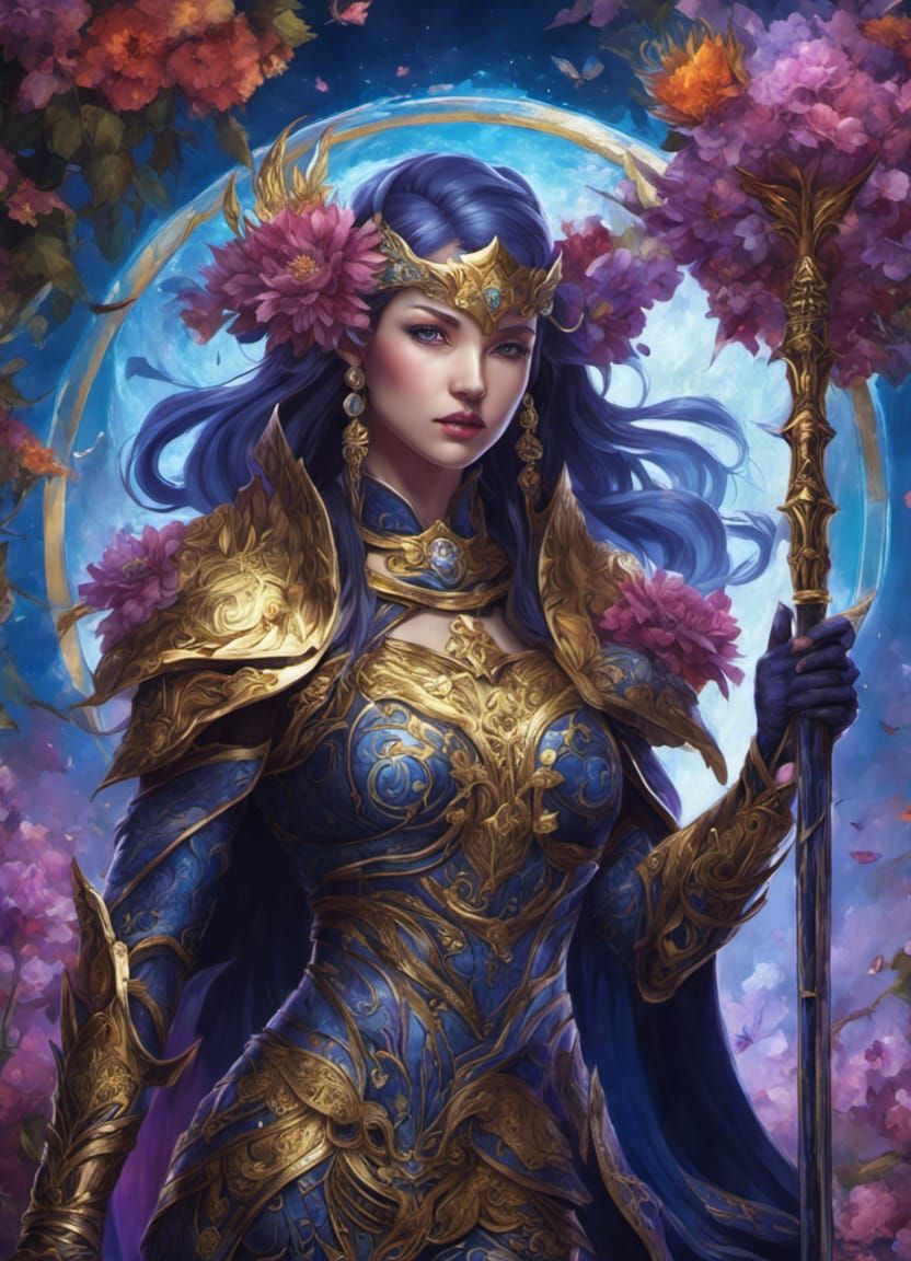 Epic Flower Magic Sorceress in Deep Color Fantasy Art