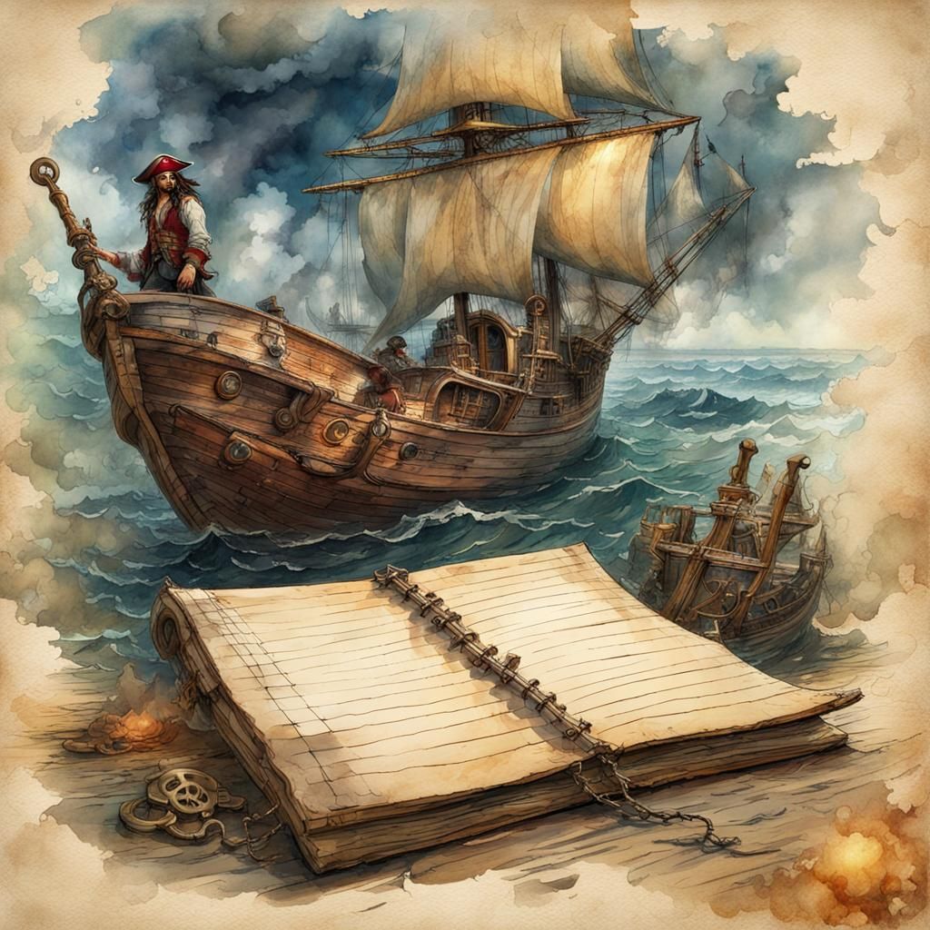 Pirate Ship on Journal Page in Watercolor Style
