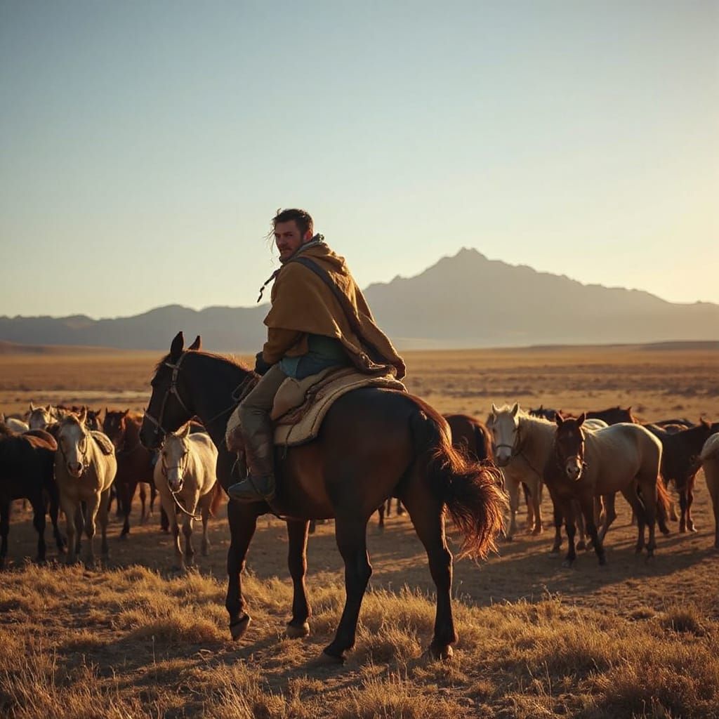 Nomadic Warrior Guides Mongol Herd Across Endless Steppe