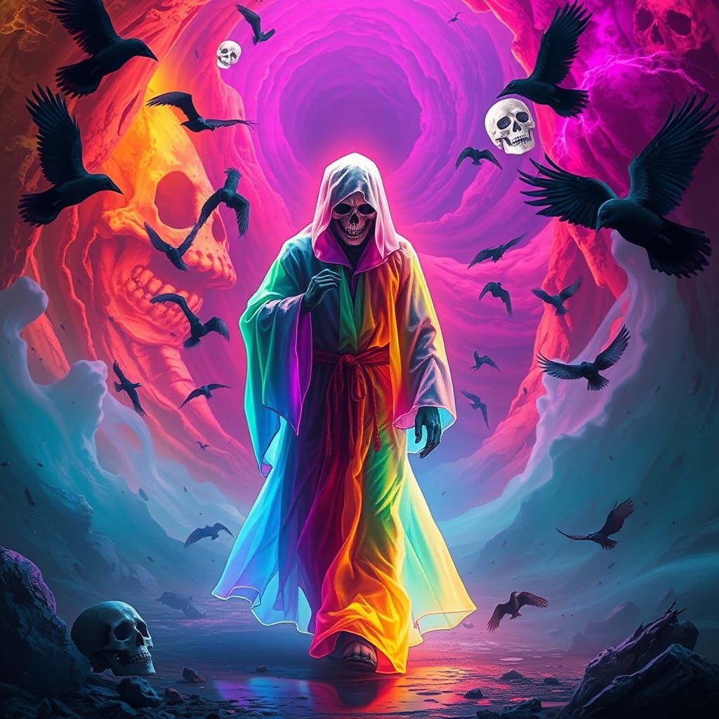 Grim Reaper in Rainbow Robes Walks Through Fantasy Vortex