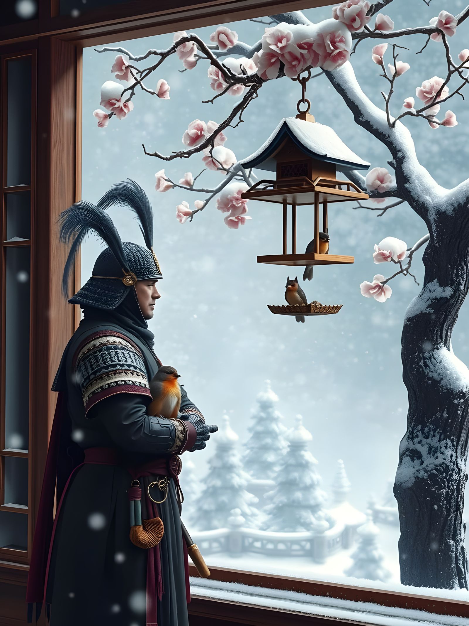 Steampunk Samurai Poet Contemplates Winter Wonderland in Jap...