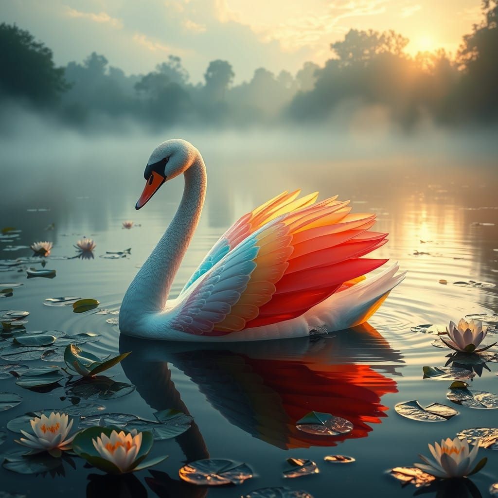 Rainbow Swan Glides Across a Misty Lake at Dawn
