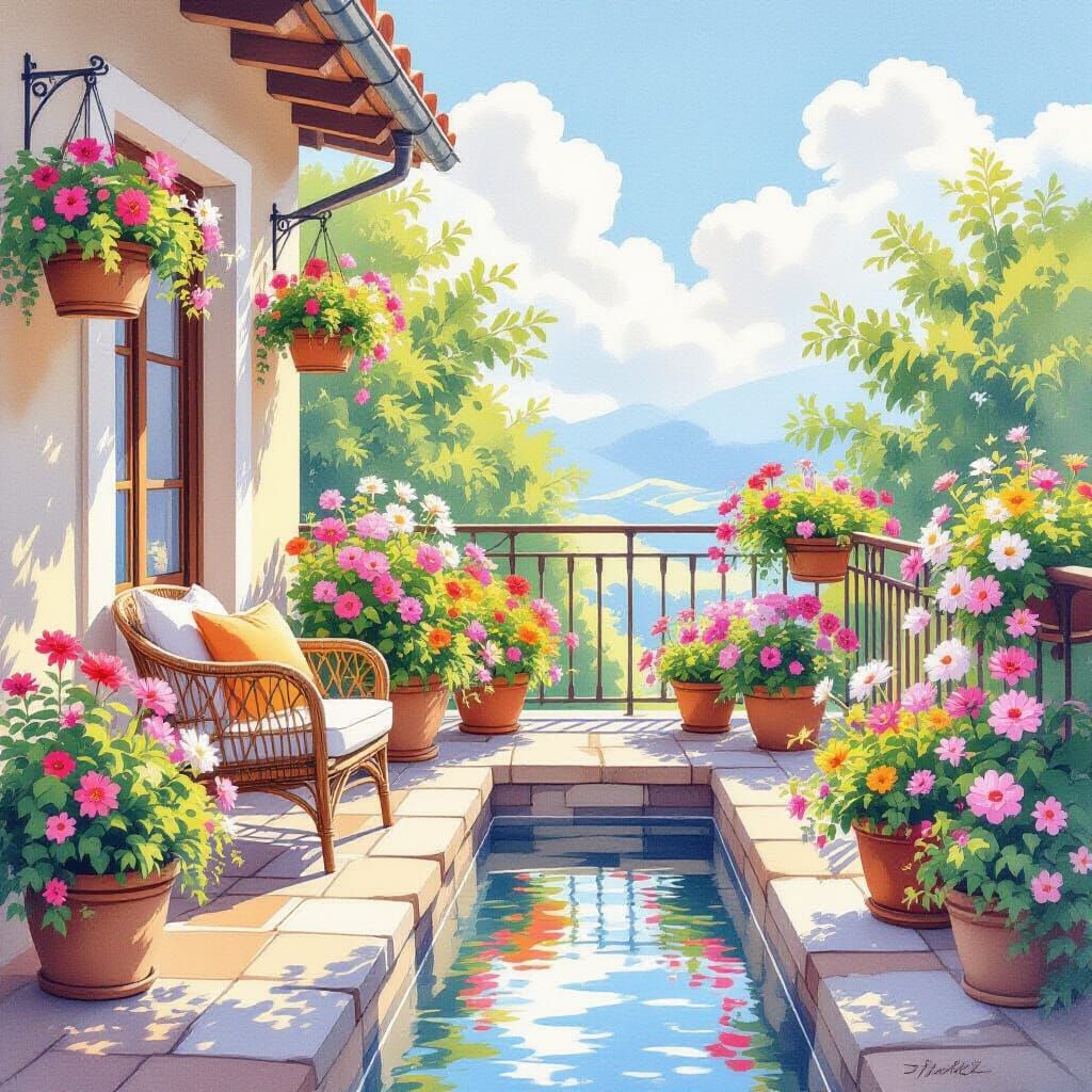Peaceful Balcony with Swaying Flowers and Cotton Clouds